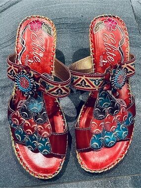 Women’s Elite by Corkys Navajo-style Boho hand -painted leather wedge sandals